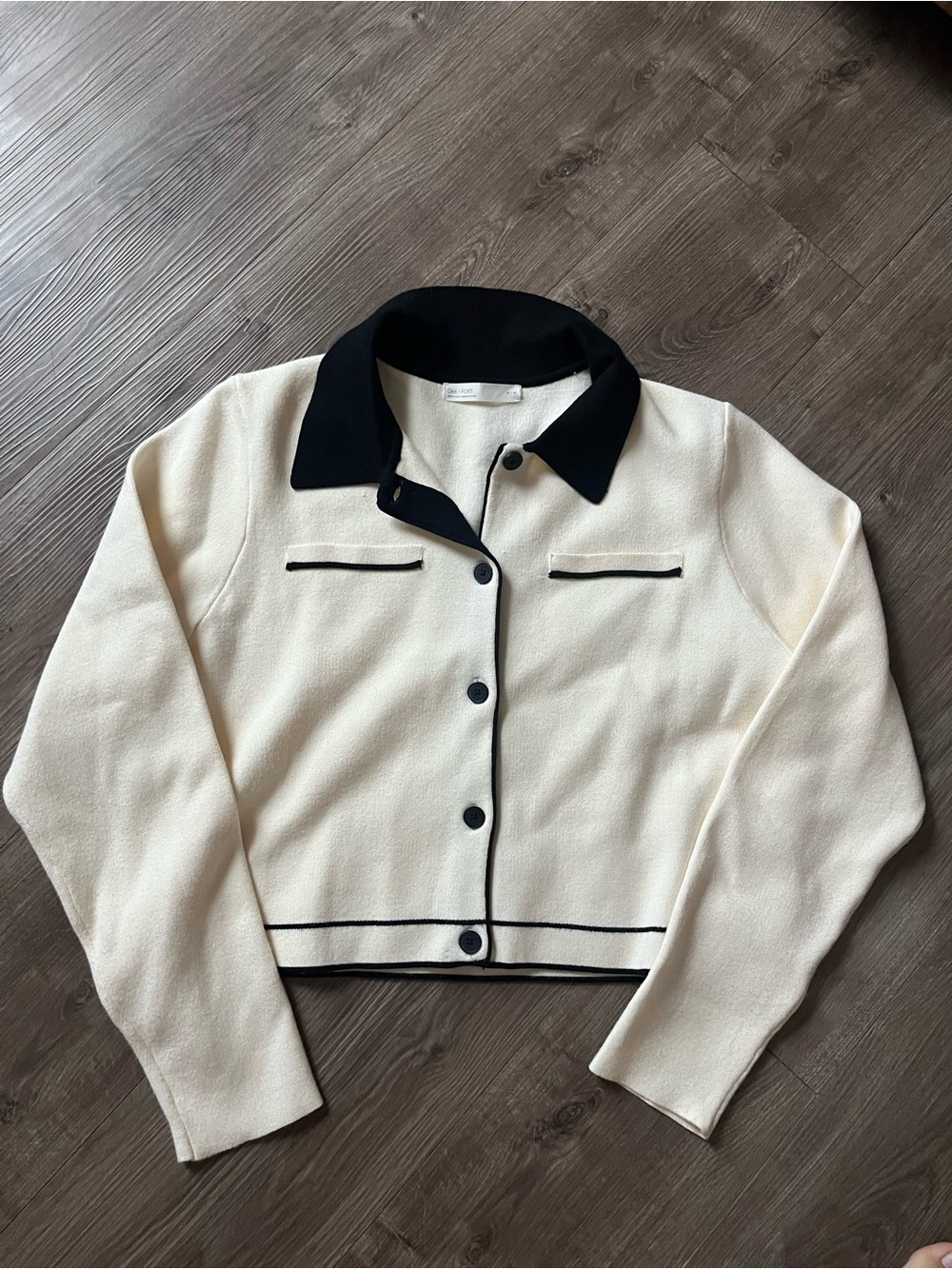 OAK + FORT Cream Knit Button-Front Jacket with Black Trim